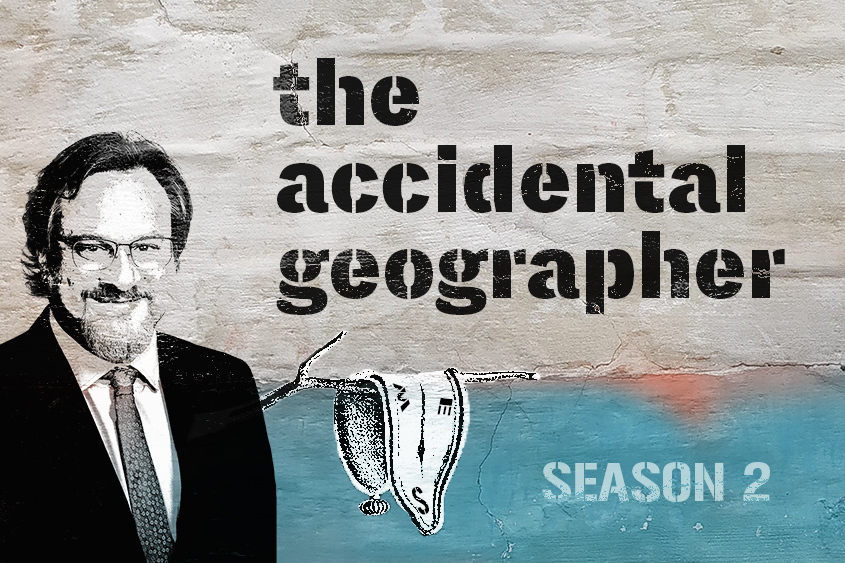 A black and white graphic of Vincent Del Casino with a branch emerging behind with a melted clock.