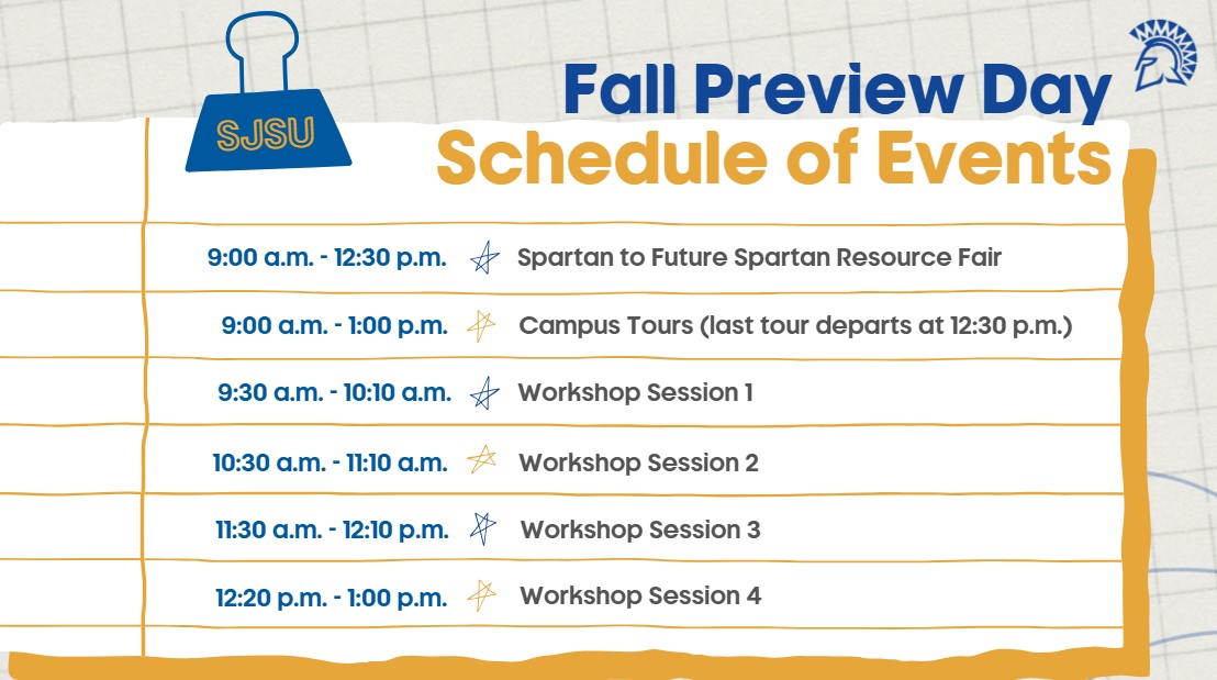 Schedule of Events: Spartan to Future Spartan Resource Fair 9am-12:30pm, Campus Tours 9am-1pm, Workshops: Session 1 9:30am-10:10am, Session 2 10:30am-11:10am, Session 3 11:30am-12:10pm, Session 4 12:20pm-1pm