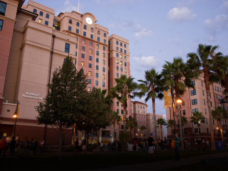 Exterior shot of campus housing building in the evening