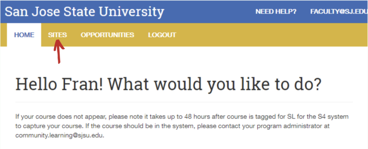 Screenshot of SJS4 Faculty Home Page with arrow pointing to 'Sites' tab