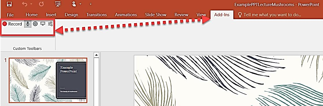 The Camtasia Add-in tab in PowerPoint showing the Add-In Toolbar options