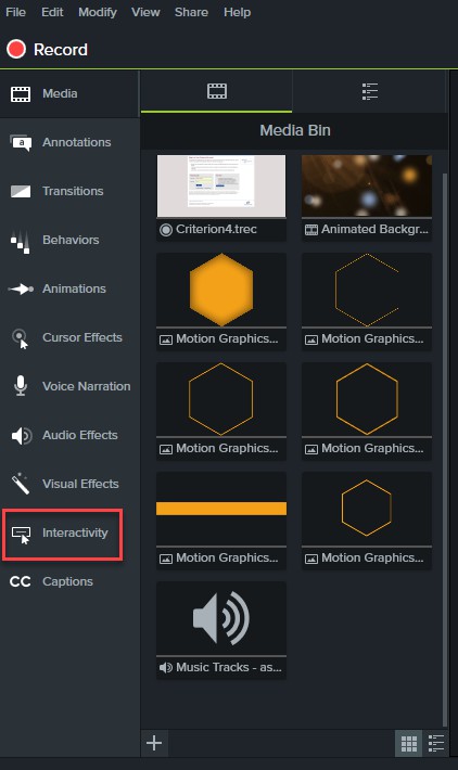 Interactivity option in the Camtasia left-hand menu