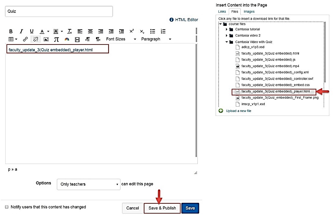Selecting the _player.html file from course files in the Canvas page editor