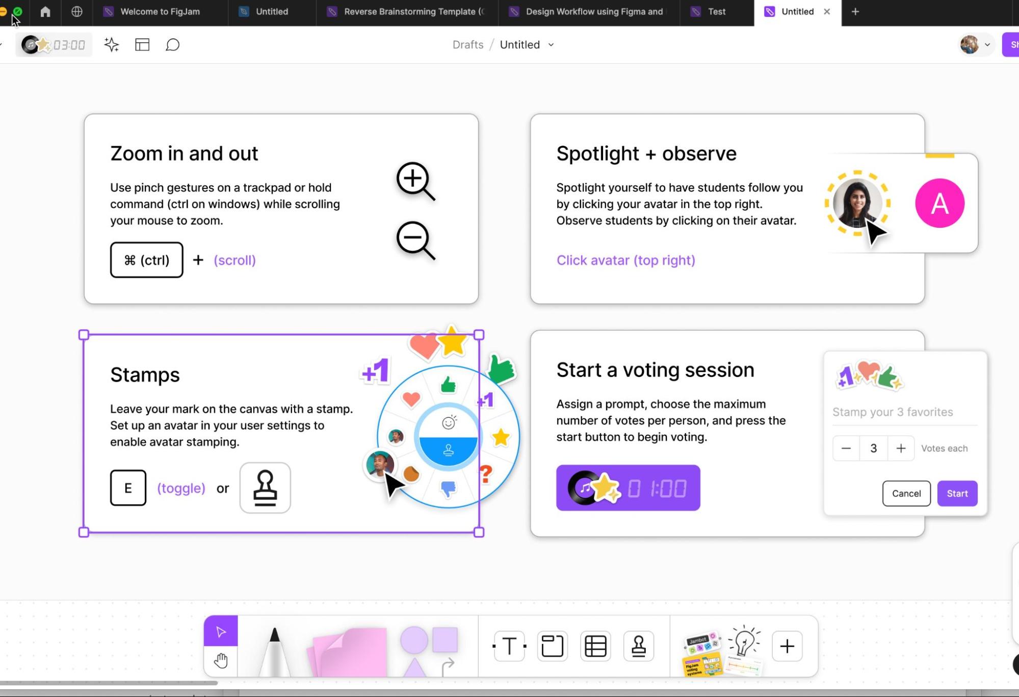 FigJam features including stamps, spotlight, voting and zoom features