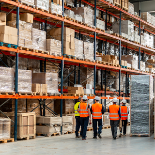 Logistics team in hard hats and vests walking through a bright industrial warehouse, inspecting goods