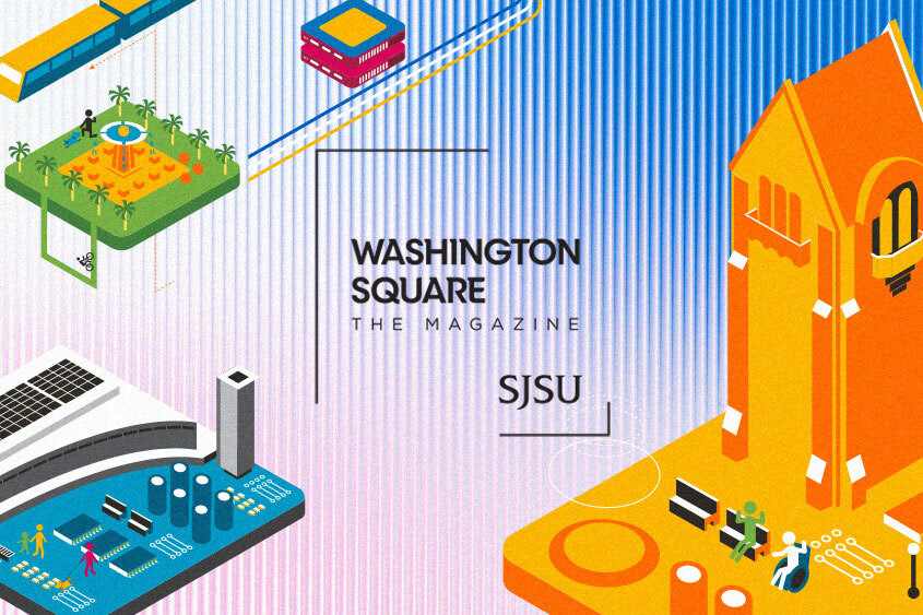 Washington Square: The Magazine. Gradient Background with Illustrations of San Jose Landmarks and Modern Campus Elements.