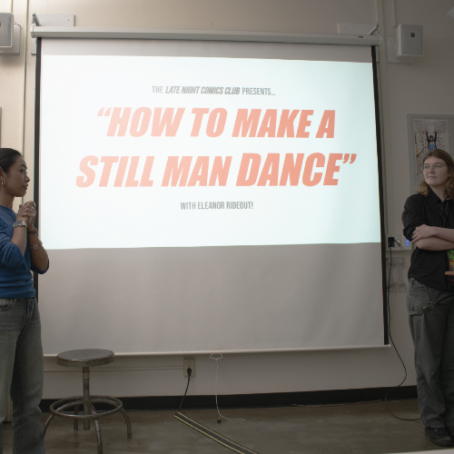 Two women in front of screen that says How to Make a Still Man Dance