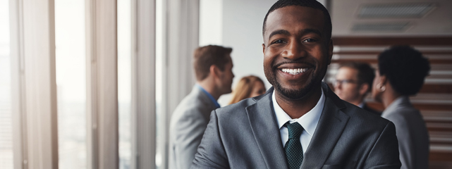 a smiling African American man dressed in a suit.