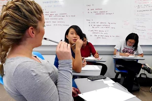 Students discussing in class.