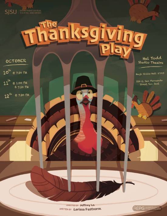 Illustration of a Turkey in Thanksgiving garb in a class room, standing behind an extreme close up of a serving fork piercing a lone feather on a serving tray.  