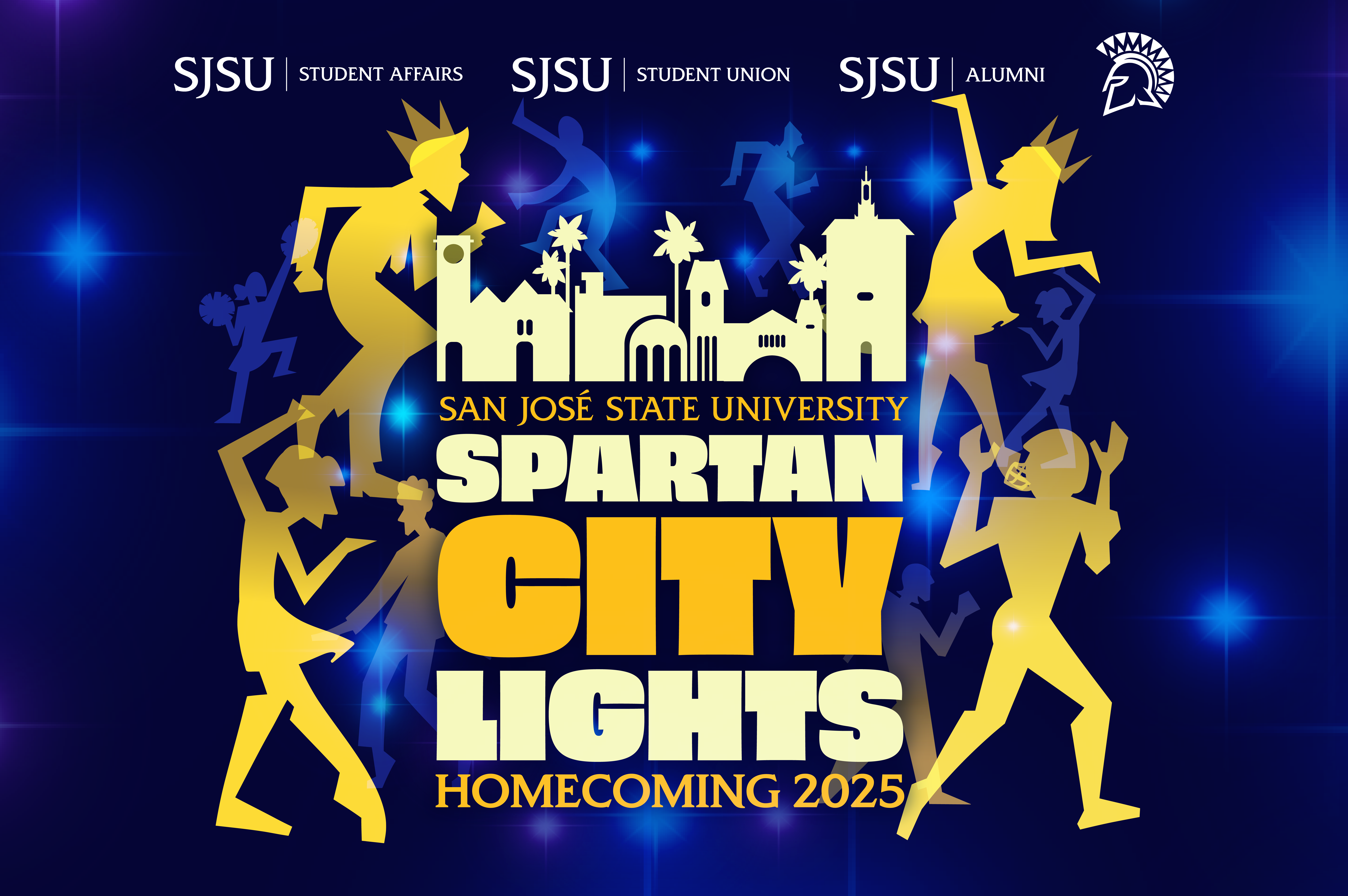 Spartan City Lights – SJSU Homecoming 2025 San José State University Spartan City Lights Homecoming 2025 graphic with gold silhouettes of students celebrating around a city skyline on a dark blue background.