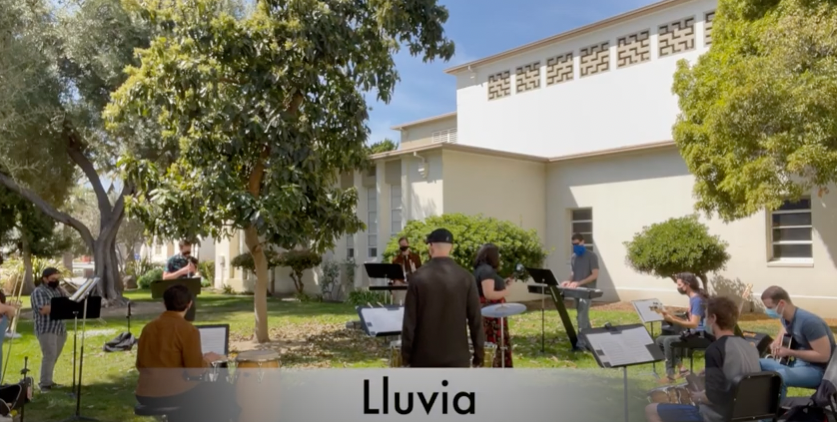 people outside on grass with instruments