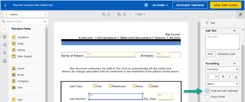 Screenshot of hidden fields in DocuSign.