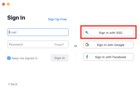Zoom Sign in with SSO menu.