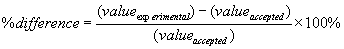 %difference=(value experimental)-(value accepted)/(value accepted)x100%