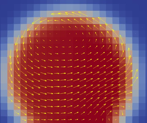 Scientific illustration of a vector plot overlaid on top of a sphere.