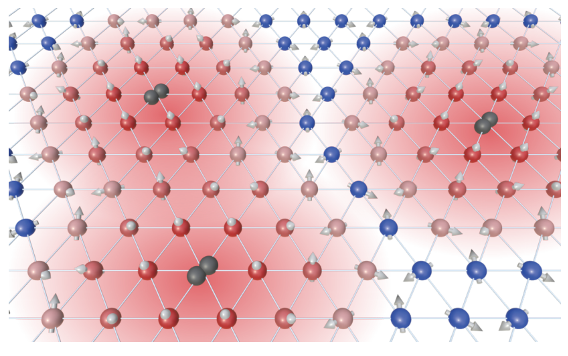 Artistic illustration of Nagaoka polarons in a crystal lattice.