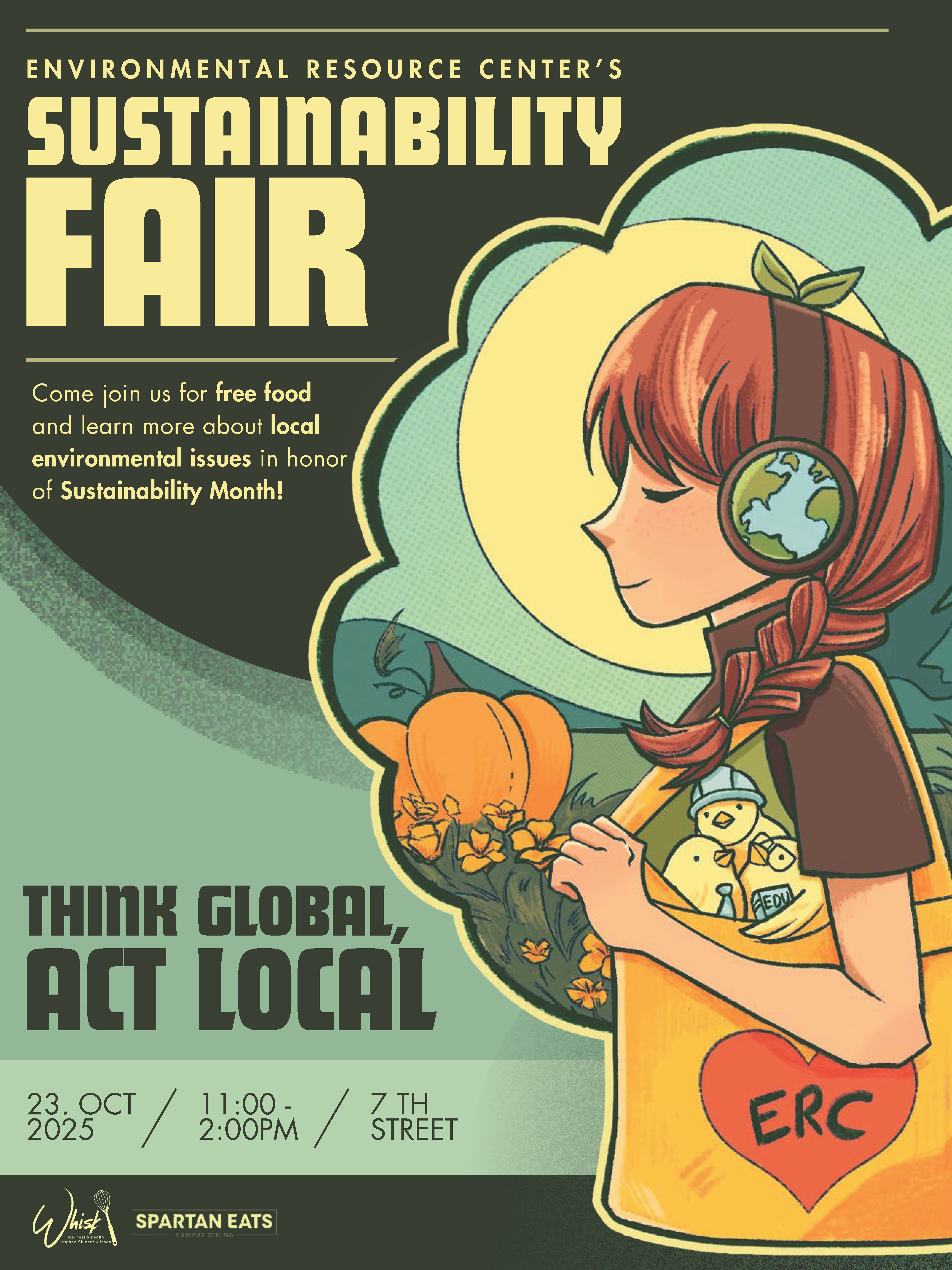 flyer with SF info, cartoon of girl with braids