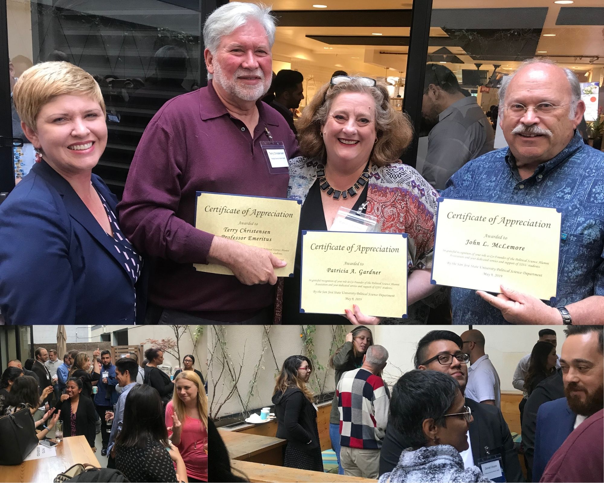 Terry Christensen, Patricia Gardner, John McLemore posing together with certificates of appreciation.