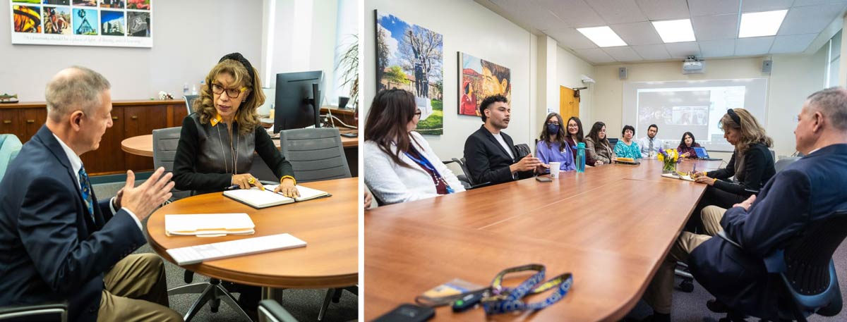 The president speaking with the College of Graduate Studies Dean and students.