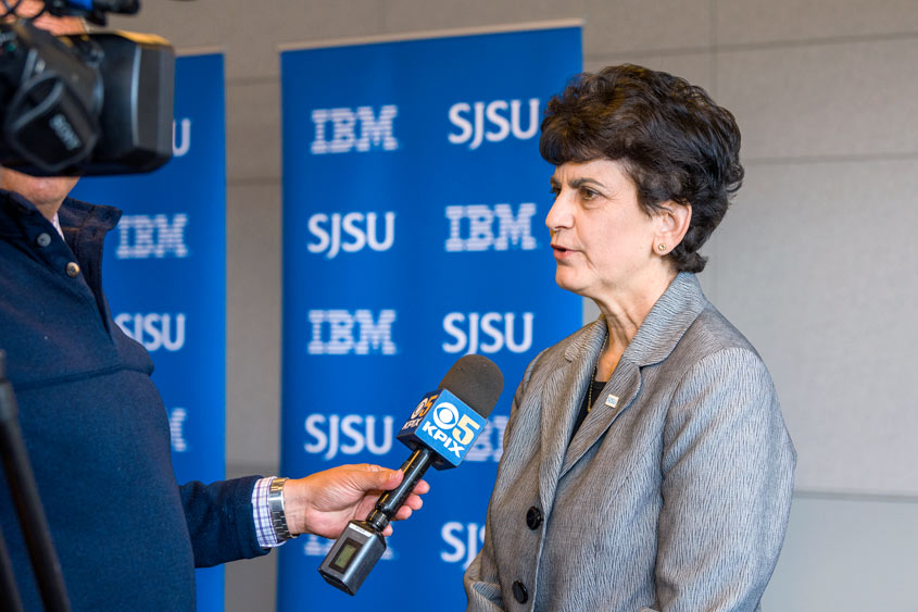 Mary Papazian speaking to the news media