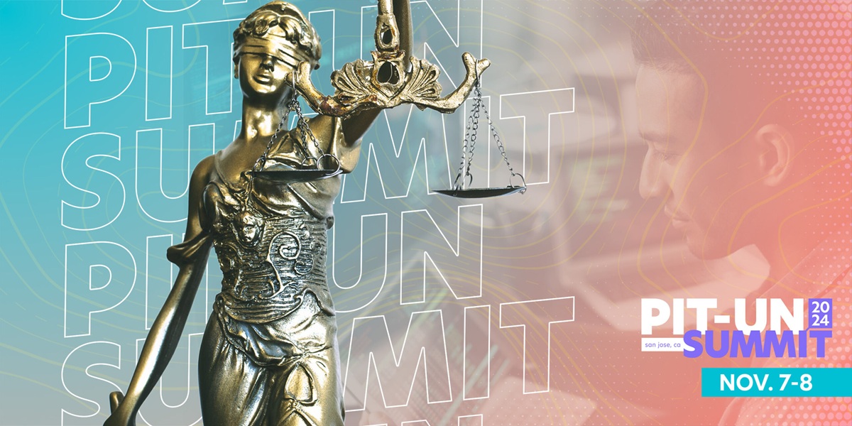 A gold sculpture of the lady justice with the words PIT-UN Summit repeated in the background with a student working on his computer.