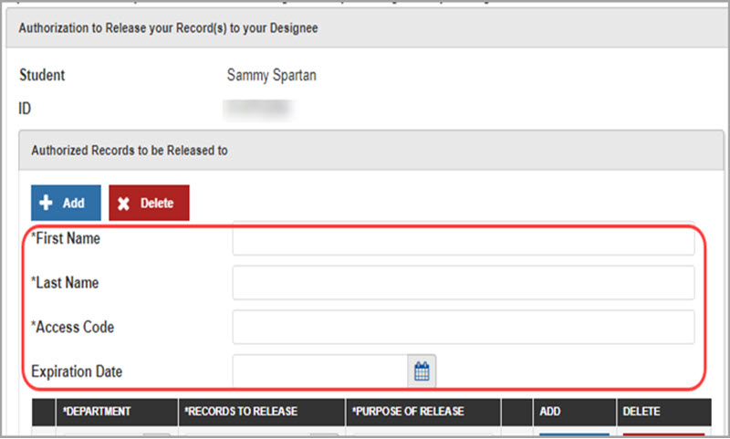 Authorization to Release page showing fields to add a designee’s name, access code, and expiration date.