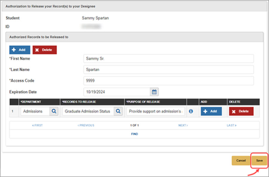 Authorization to Release page showing completed department, records, and purpose fields and the option to save the authorization.