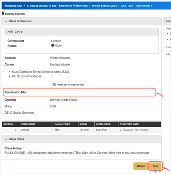 Permission Number box