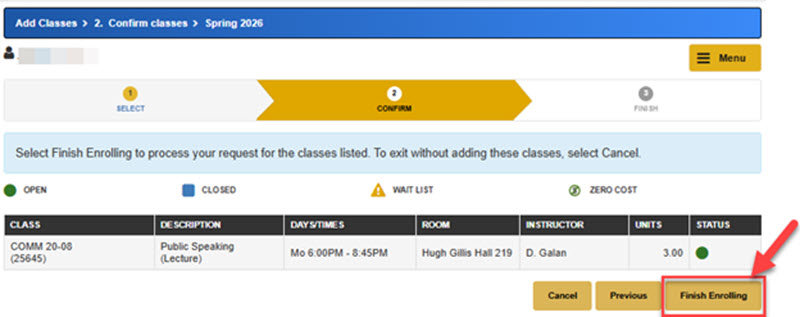 screenshot of finish enrollment button on MySJSU