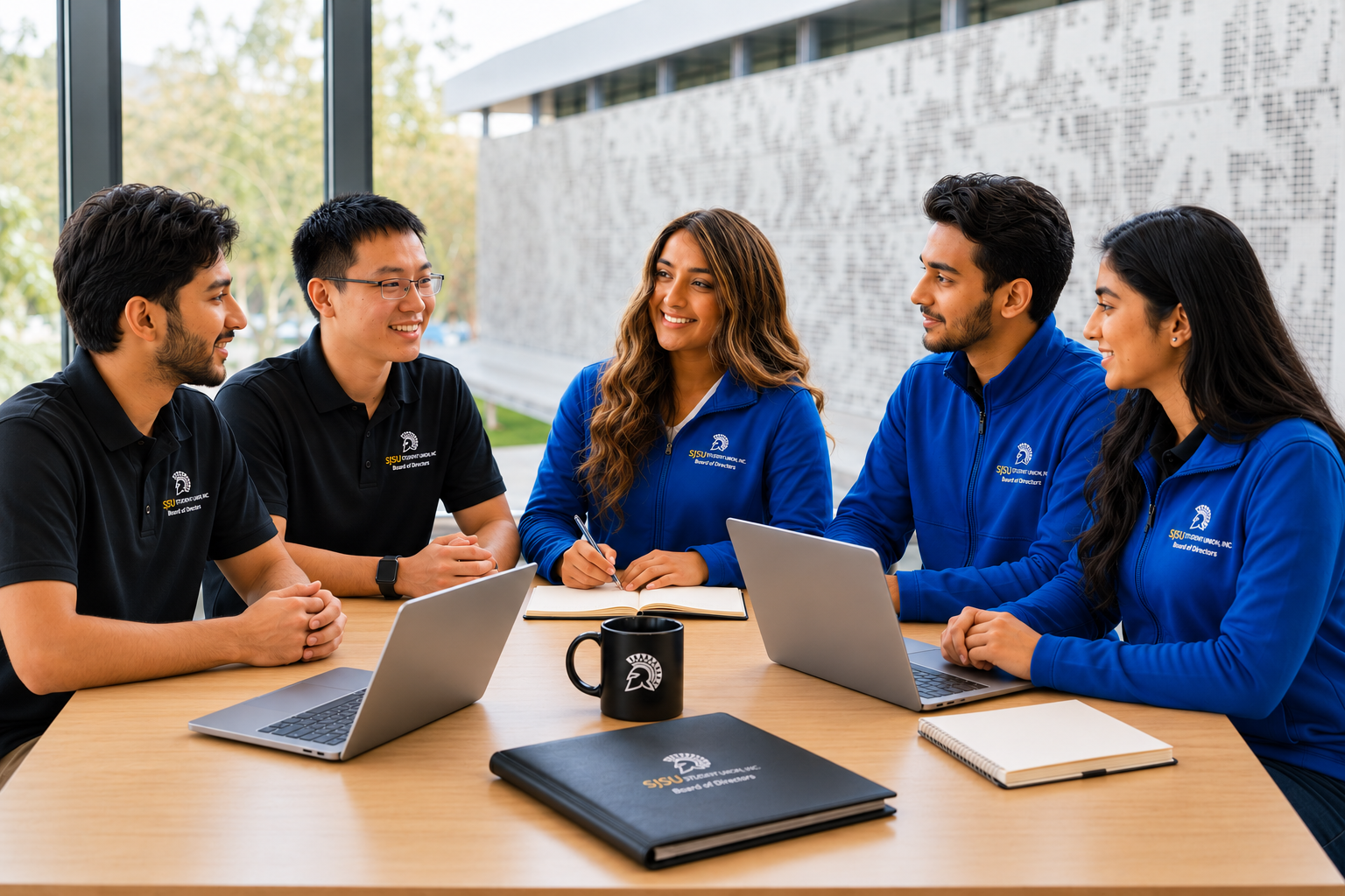 5 board members sitting at a table talking and smiling