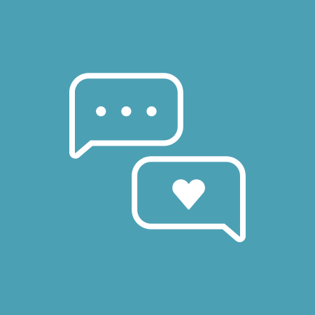 icon for express your needs with two talk bubbles with a heart inside